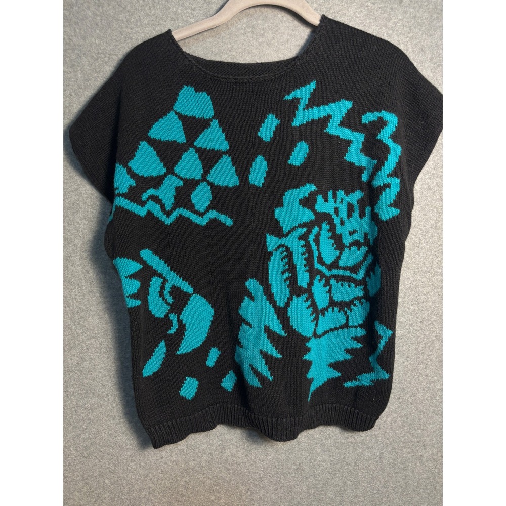 Vintage Abstract Knit Sweater Vest Black Teal Graphic Oversized Boho Art To Wear
